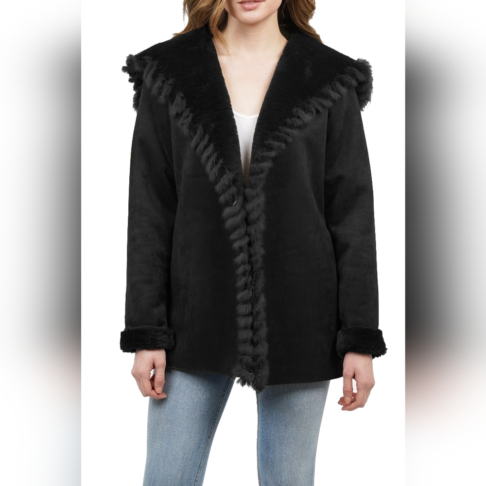 LOVE TOKEN FAUX FUR COLLAR FAUX SUEDE JACKET